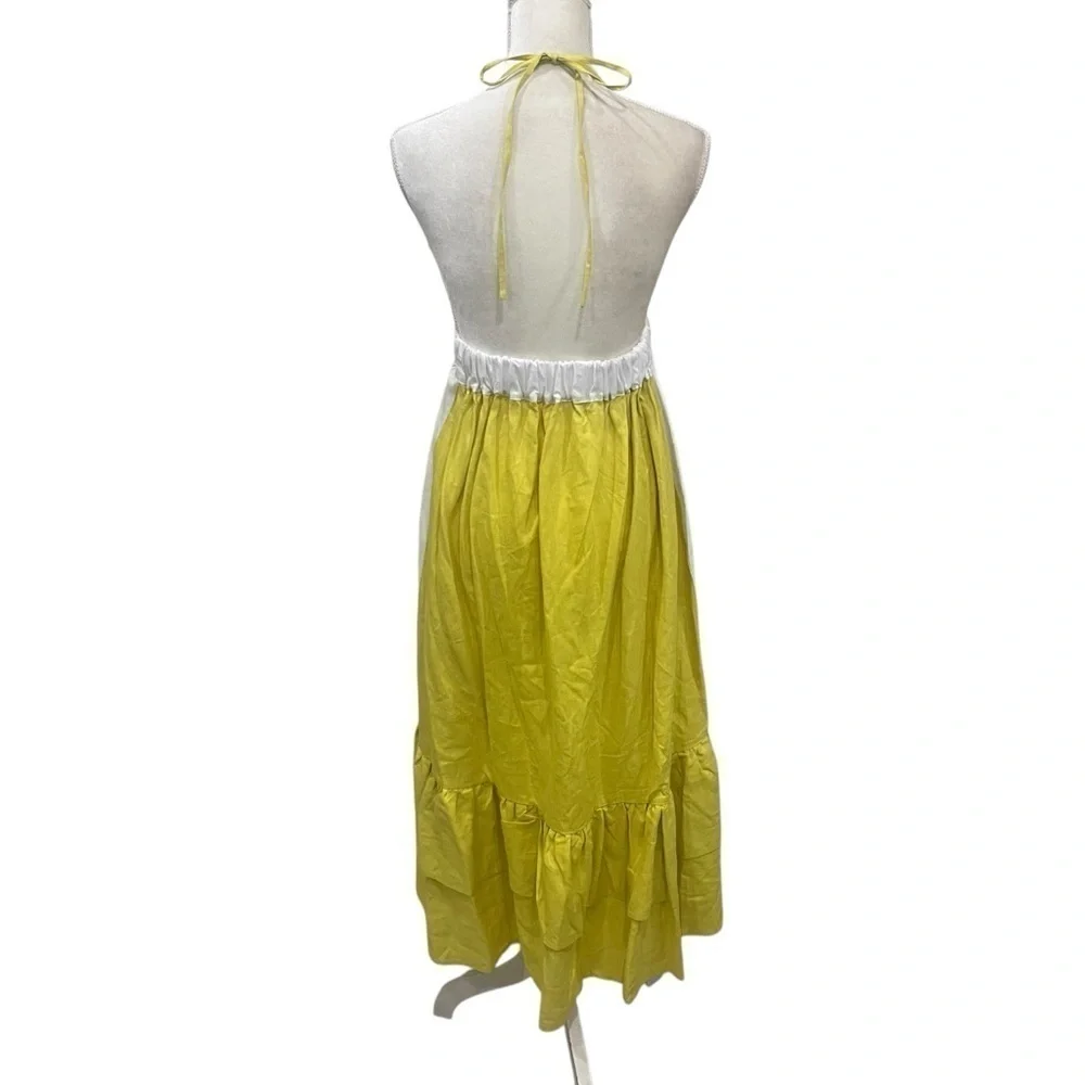Fanm Mon Yamile 100% Linen Floral Embroidered Halter Midi Dress Mustard Lime NWT